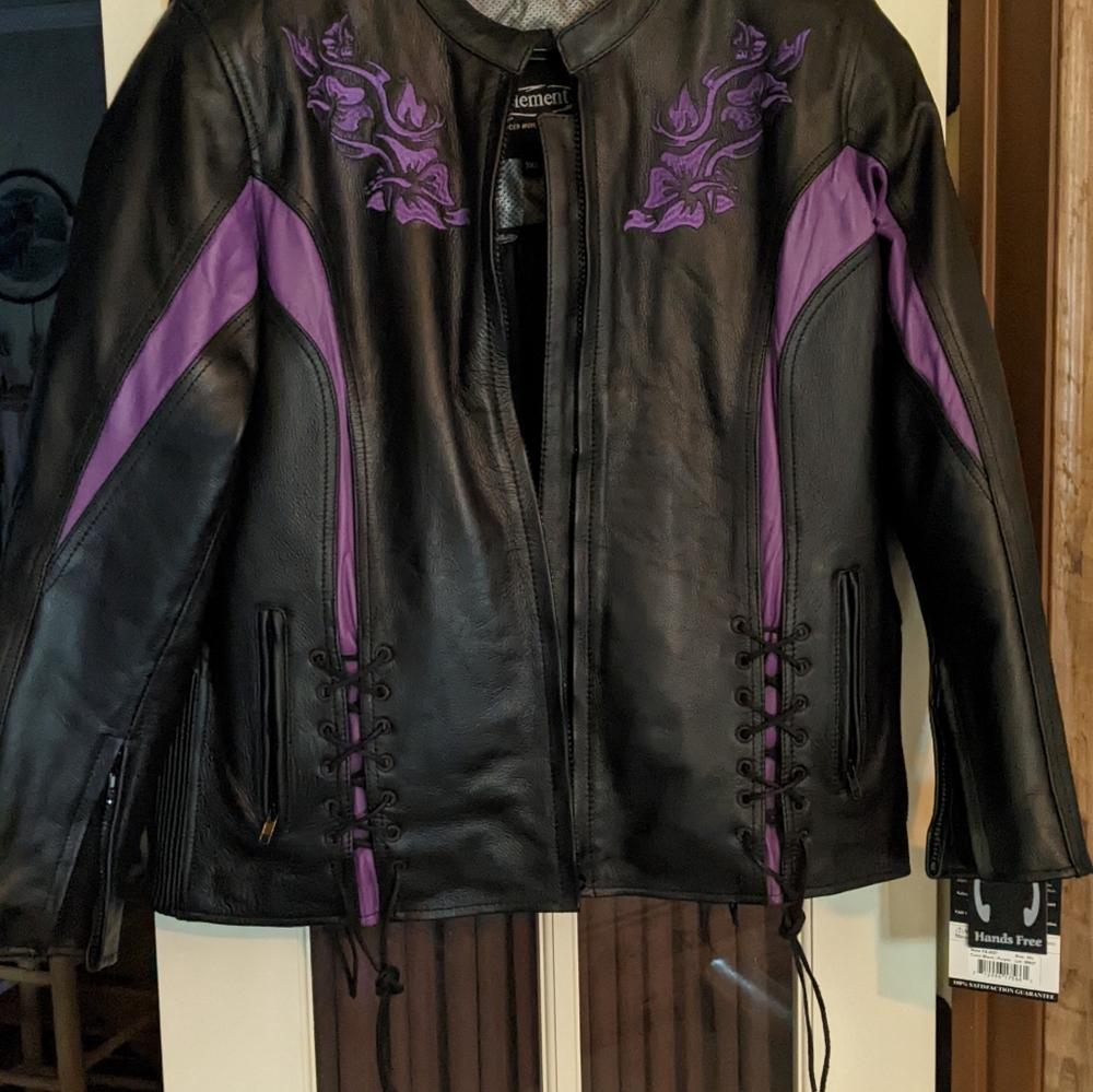 Black and purple leather motorcycle jacket